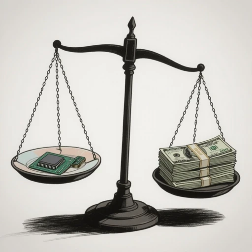 Illustrazione di una bilancia della giustizia con un chip su un piatto e banconote sull'altro, stile Hugo Pratt