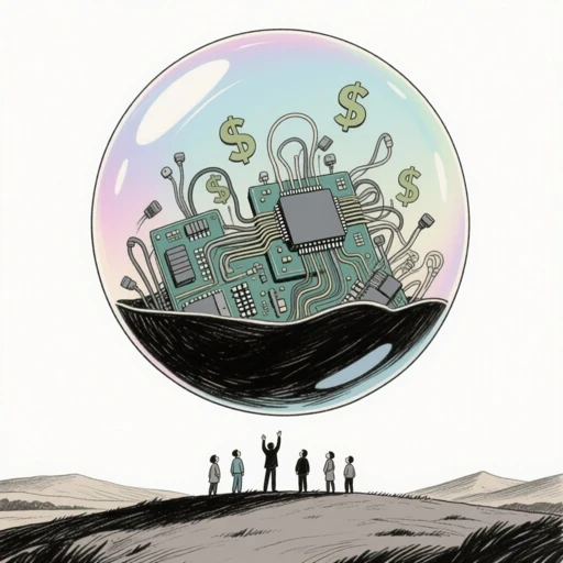 Illustrazione di una bolla di sapone con chip e cavi al suo interno, stile Hugo Pratt