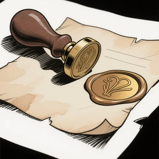 Un timbro notarile antico e un documento pergamenaceo — stile Hugo Pratt