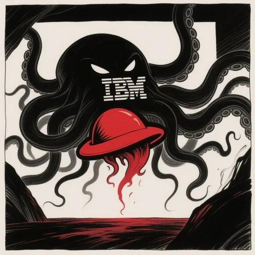 Un mostro corporativo divora il logo Red Hat in una scena allegorica — stile Hugo Pratt