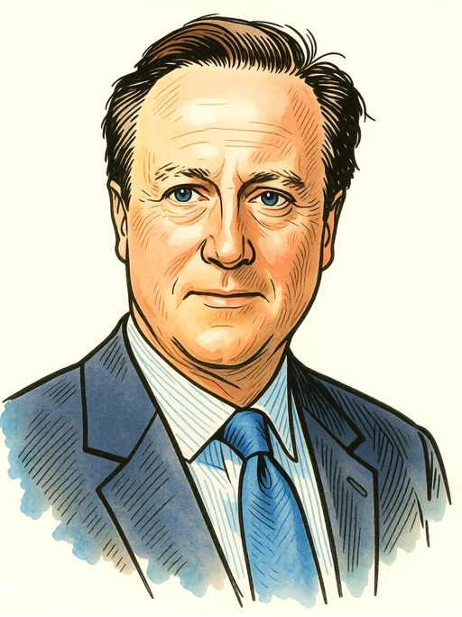 Ritratto in stile Hugo Pratt di David Cameron, il premier che indisse il referendum, china e pastello su sfondo bianco