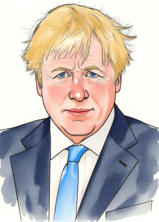 Ritratto in stile Hugo Pratt di Boris Johnson, l'ex premier che portò a termine la Brexit, china e pastello su sfondo bianco