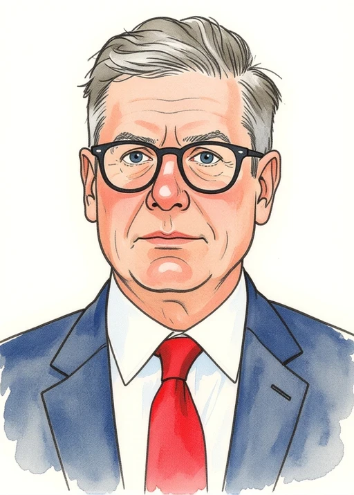Ritratto in stile Hugo Pratt di Keir Starmer, primo ministro britannico dimissionario, china e pastello su sfondo bianco