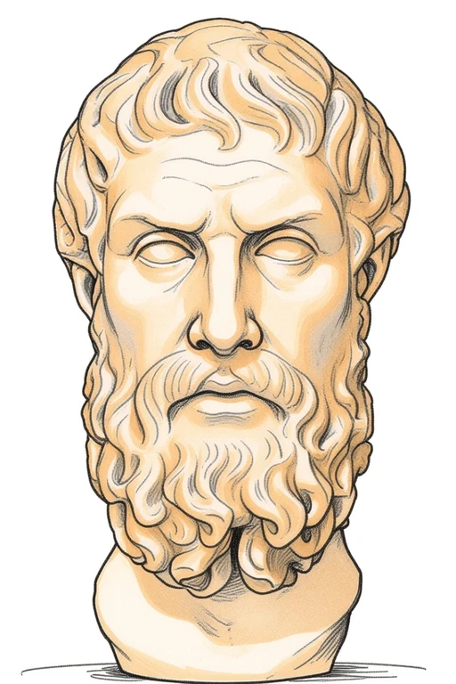 Busto di Epicuro, filosofo greco, rielaborato in stile Hugo Pratt con china e pastello