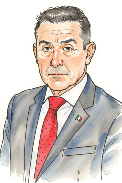 Ritratto in stile Hugo Pratt di Roberto Vannacci, generale e leader di Futuro Nazionale, china e pastello su sfondo bianco