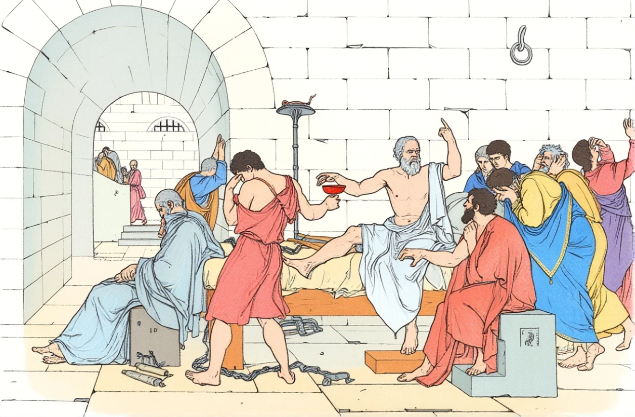 La morte di Socrate, da Jacques-Louis David (1787) — stile Hugo Pratt