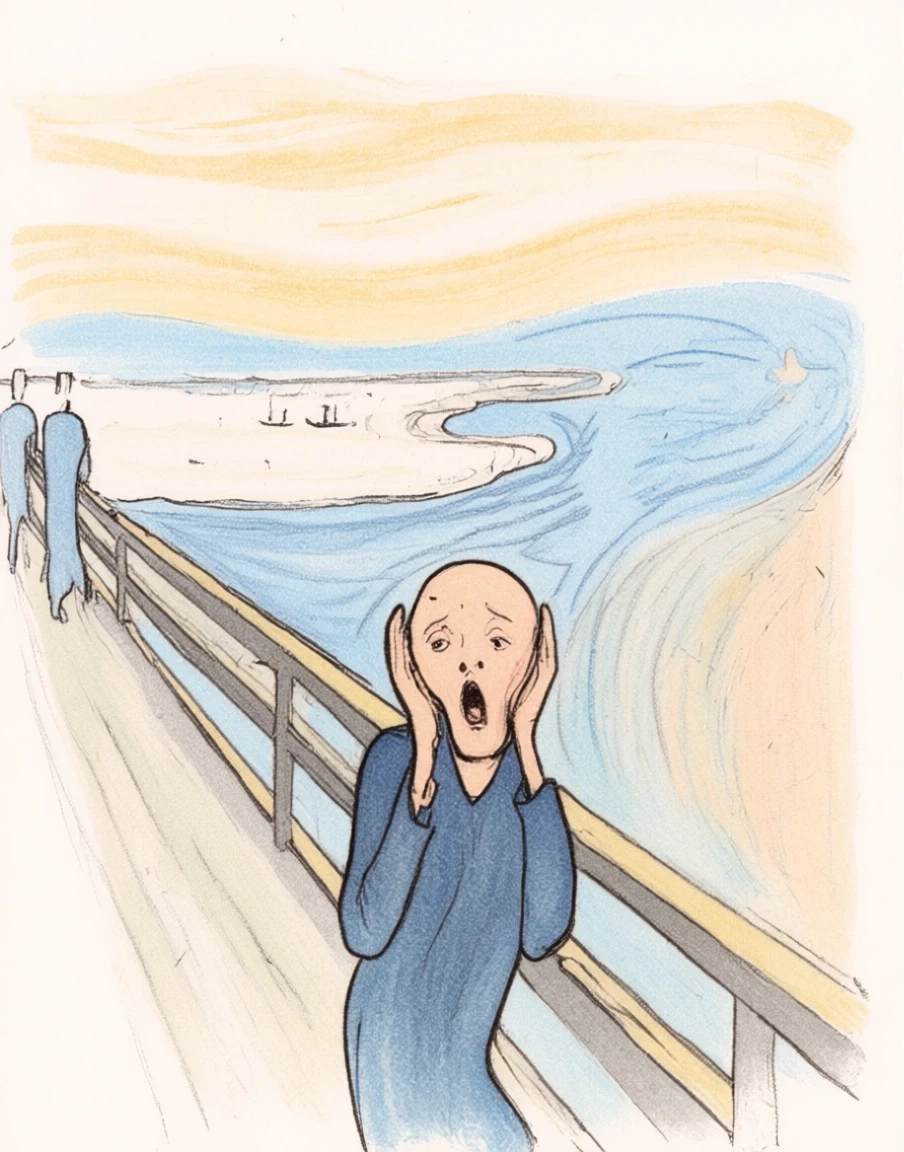 Persona sopraffatta dal rumore digitale, stile Hugo Pratt da Munch Persona sopraffatta dal rumore digitale, stile Hugo Pratt da Munch