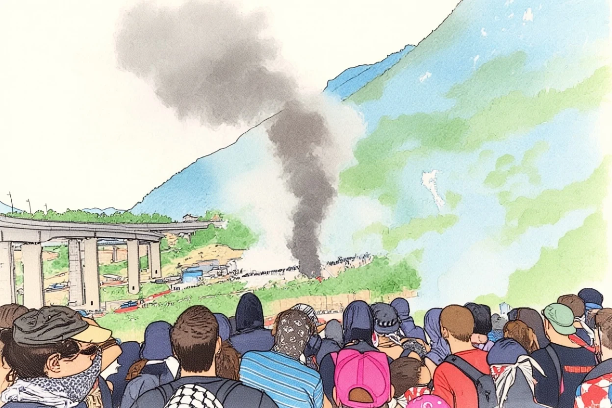 Bandiere No Tav in Val di Susa durante le proteste di luglio 2026 — china ink e pastello