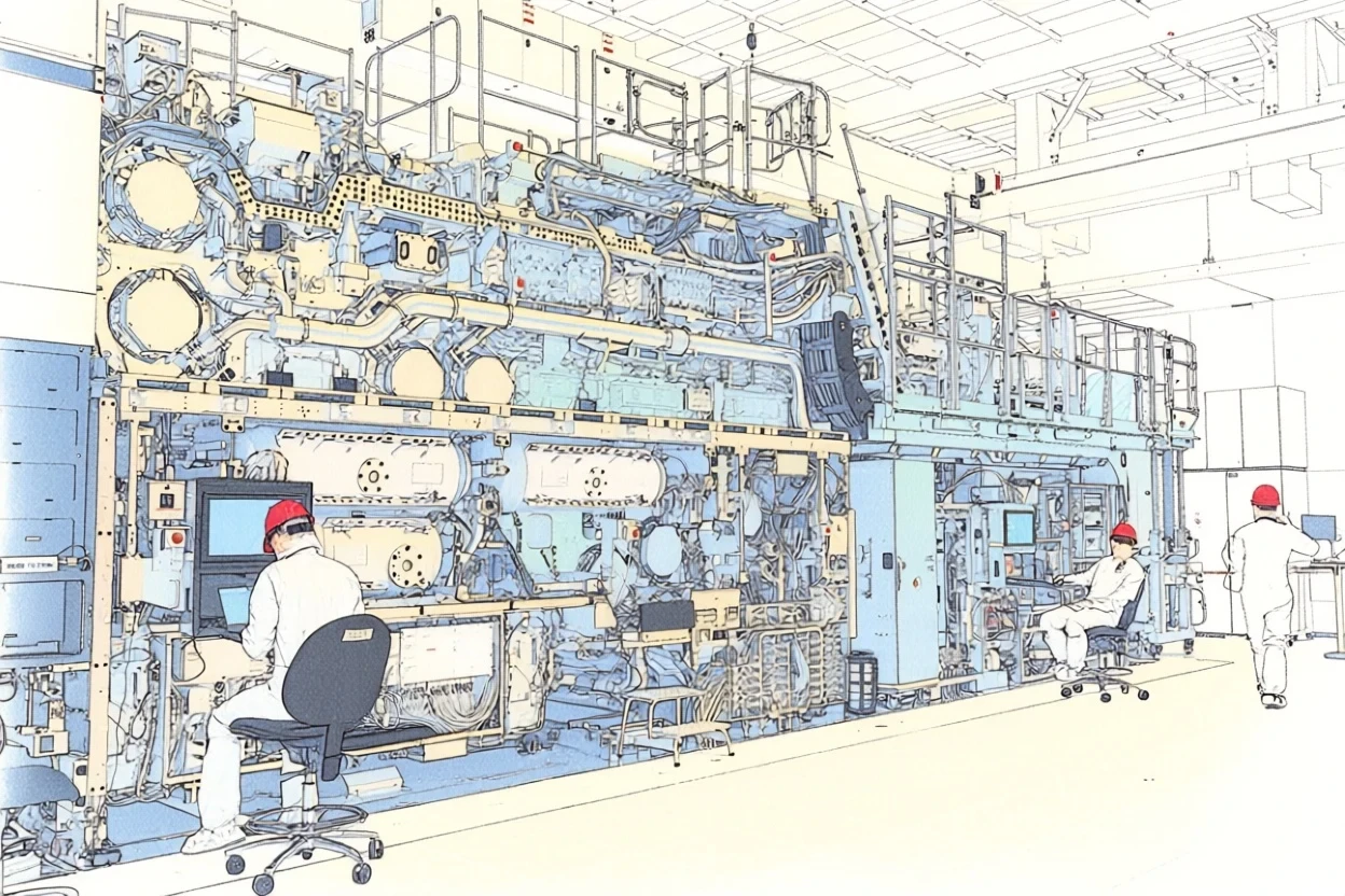 Tecnico in una fabbrica di semiconduttori durante l'ispezione dei wafer di silicio — china ink e pastello
