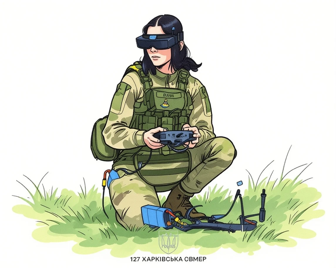 Operatrice di droni FPV ucraina accovacciata nell'erba con visore e telecomando, drone pronto al lancio Operatrice di droni FPV ucraina accovacciata nell'erba con visore e telecomando, drone pronto al lancio