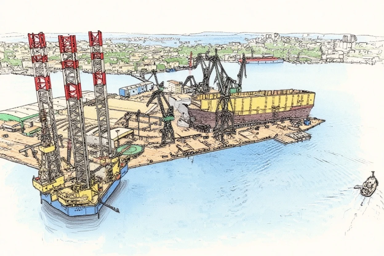 Cantiere navale con gru e una nave in costruzione sul mare, in stile china e pastello Cantiere navale con gru e una nave in costruzione sul mare, in stile china e pastello