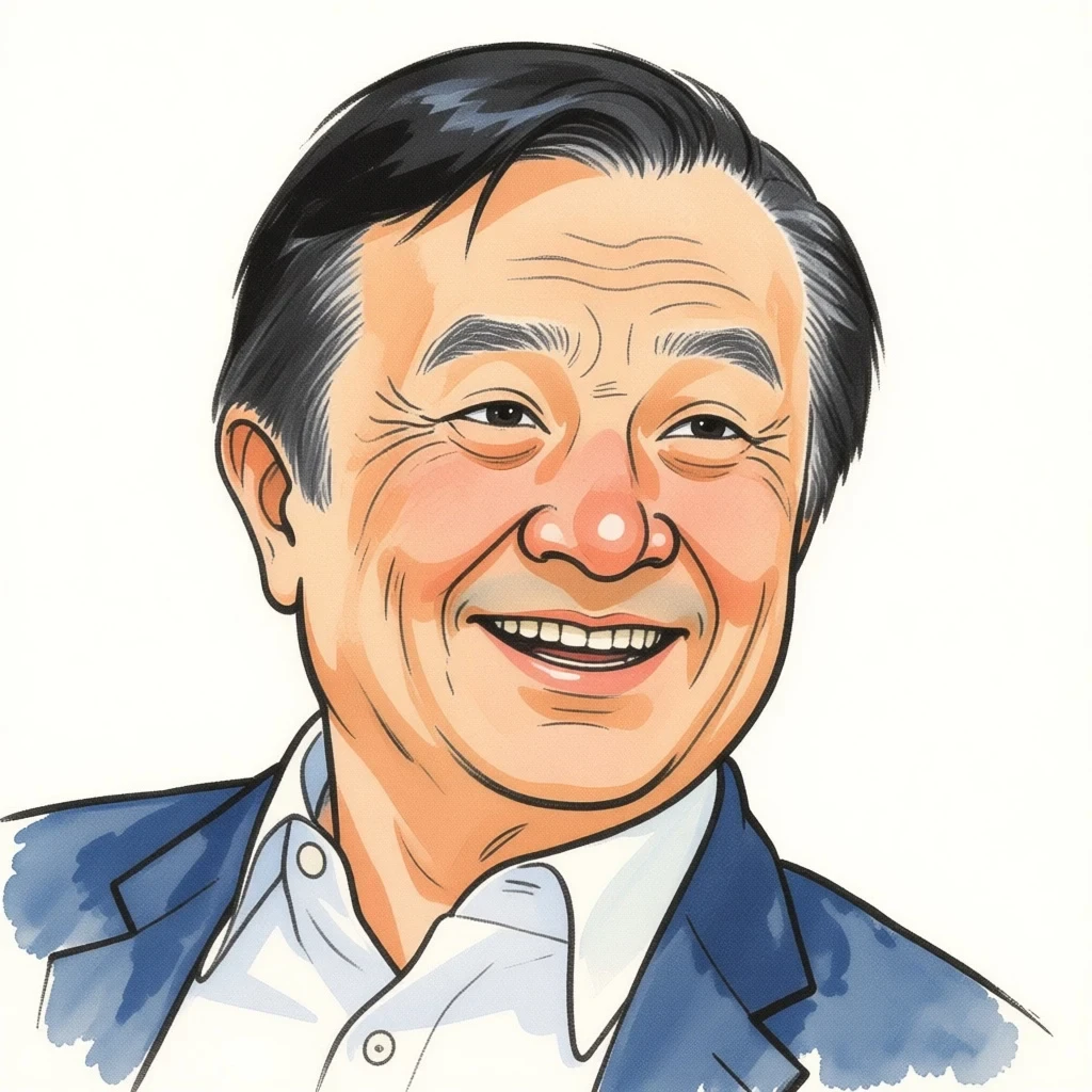 Ritratto di Ren Zhengfei in stile Hugo Pratt, china ink e pastello