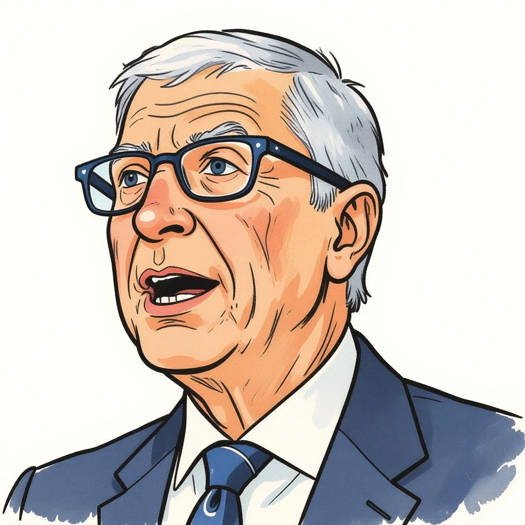 Ritratto di Bill Gates in stile graphic novel, china ink e pastello Ritratto di Bill Gates in stile graphic novel, china ink e pastello