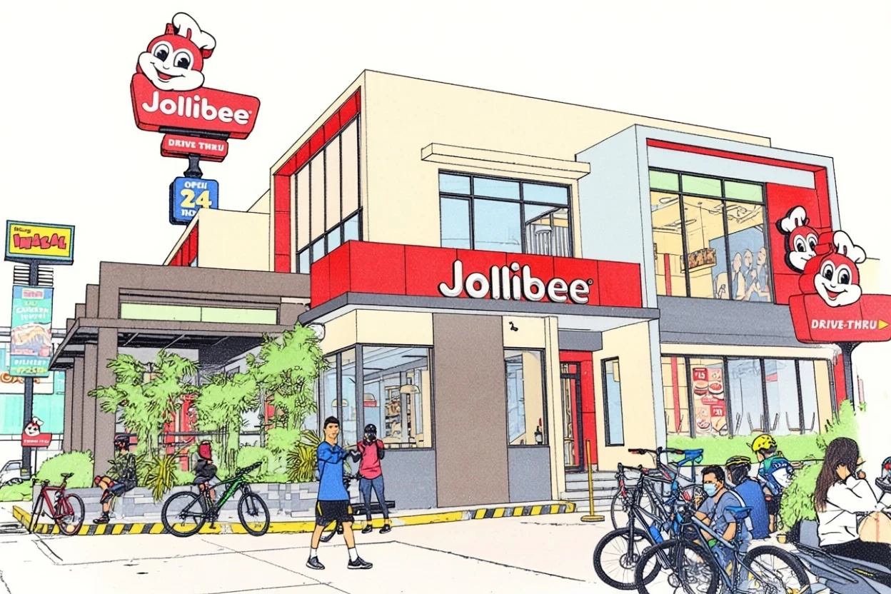 Facciata di un ristorante Jollibee con la mascotte ape, in stile graphic novel