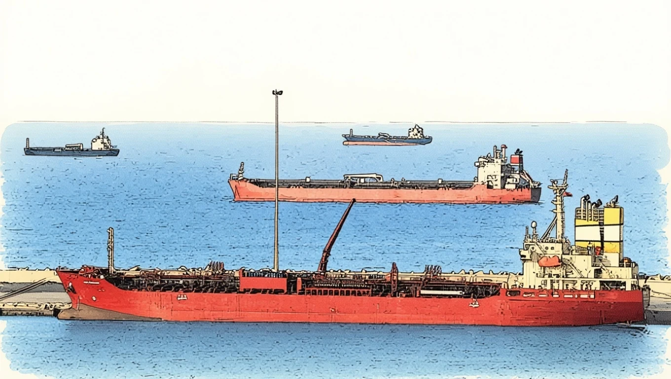 Petroliere ormeggiate e all'ancora in un porto, in attesa di carico Petroliere ormeggiate e all'ancora in un porto, in attesa di carico