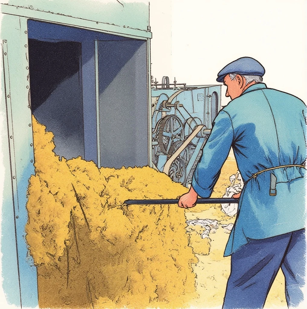 Operaio che estrae la fibra rigenerata dalla camera di macinazione degli stracci, Inghilterra 1942 Operaio che estrae la fibra rigenerata dalla camera di macinazione degli stracci, Inghilterra 1942
