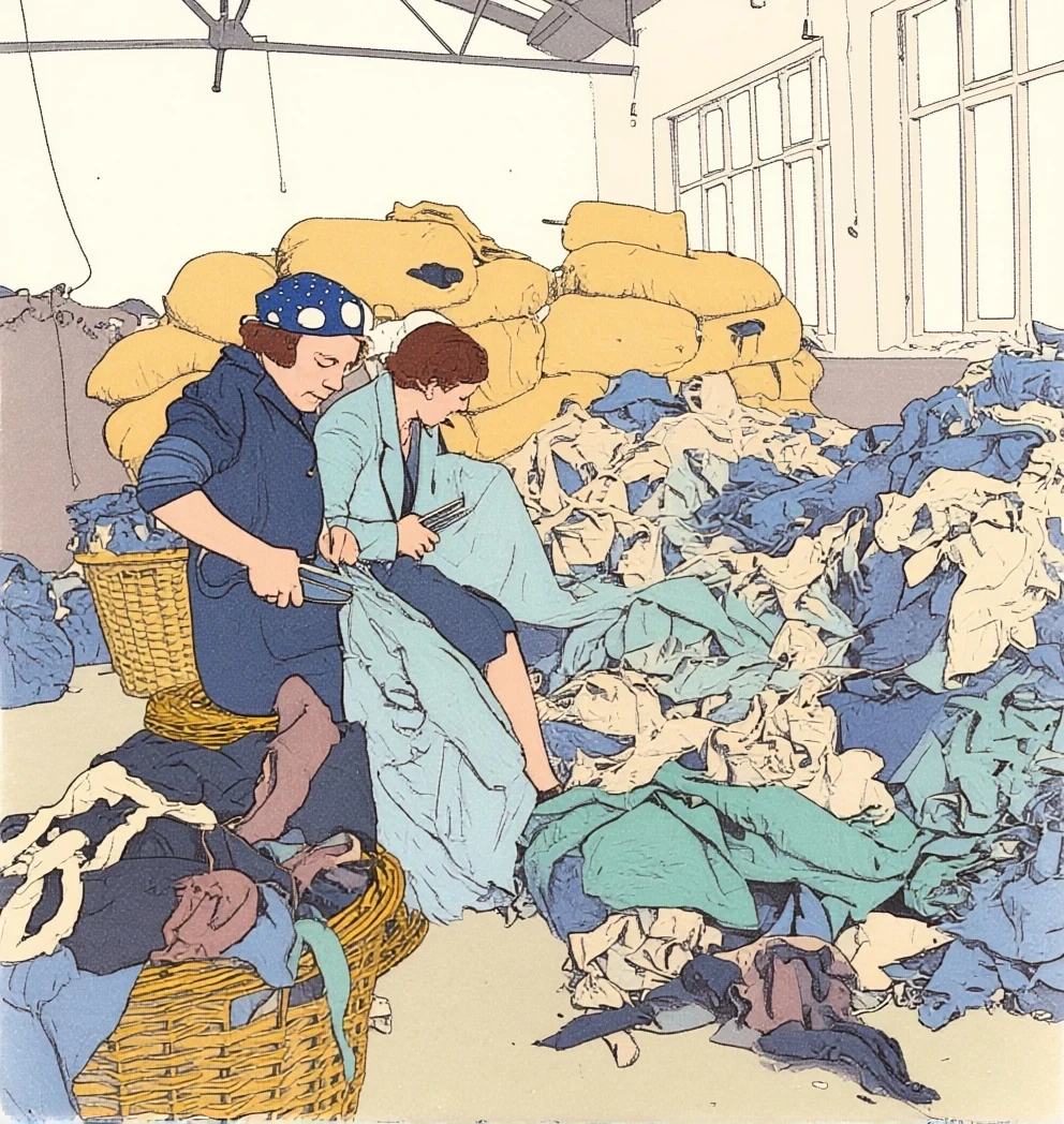 Donne che tagliano capi dismessi sedute su ceste rovesciate, balle piene dietro di loro, Inghilterra 1942 Donne che tagliano capi dismessi sedute su ceste rovesciate, balle piene dietro di loro, Inghilterra 1942
