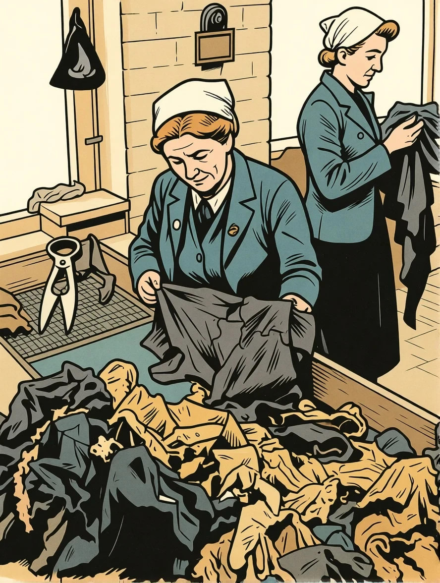 Operaia che strappa capi dismessi in strisce in un magazzino di recupero, Inghilterra 1942 Operaia che strappa capi dismessi in strisce in un magazzino di recupero, Inghilterra 1942