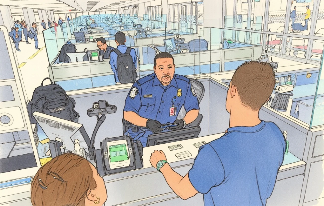 Agente di polizia a un varco aeroportuale controlla i documenti di un viaggiatore