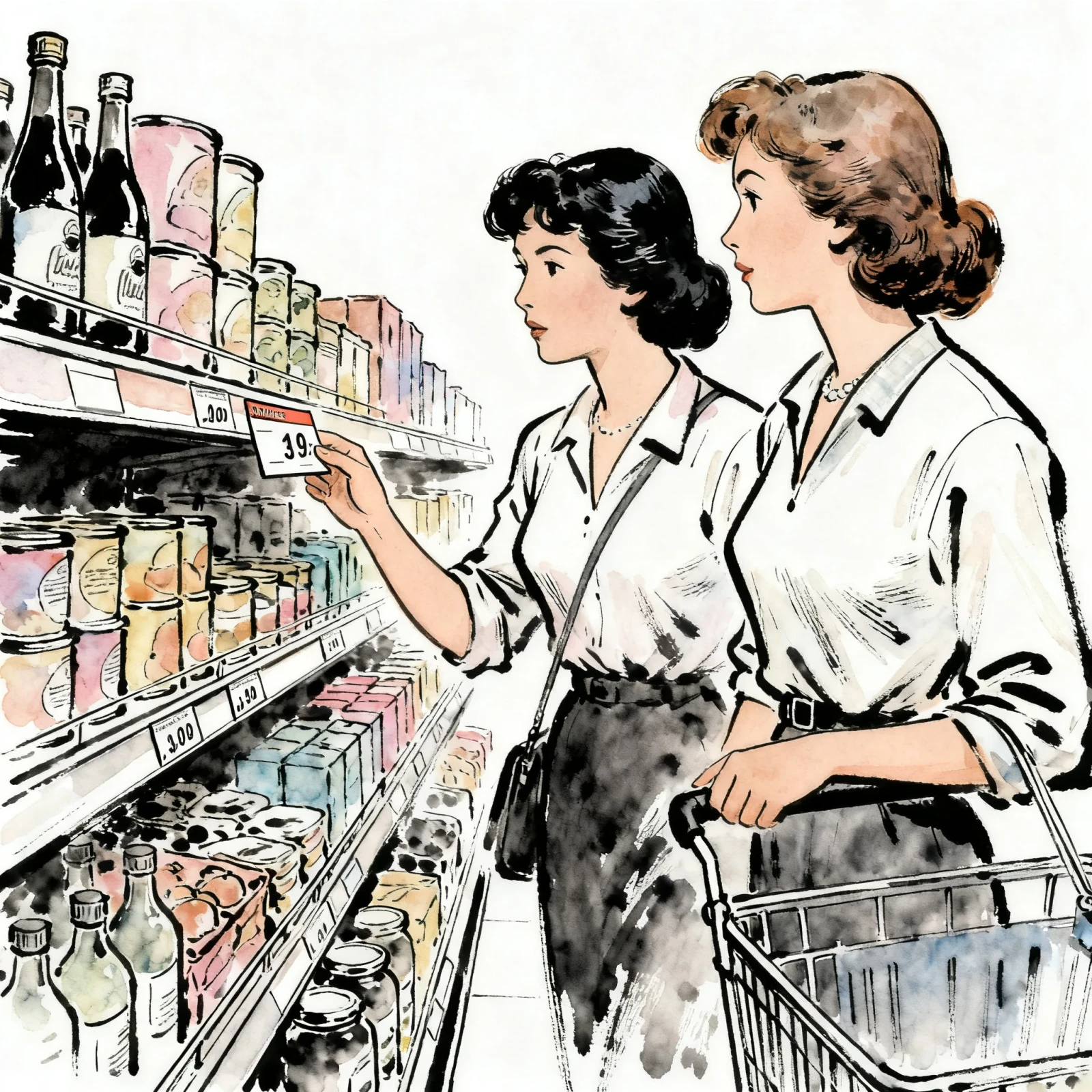 Due donne che scelgono prodotti e leggono il prezzo sullo scaffale Due donne che scelgono prodotti e leggono il prezzo sullo scaffale