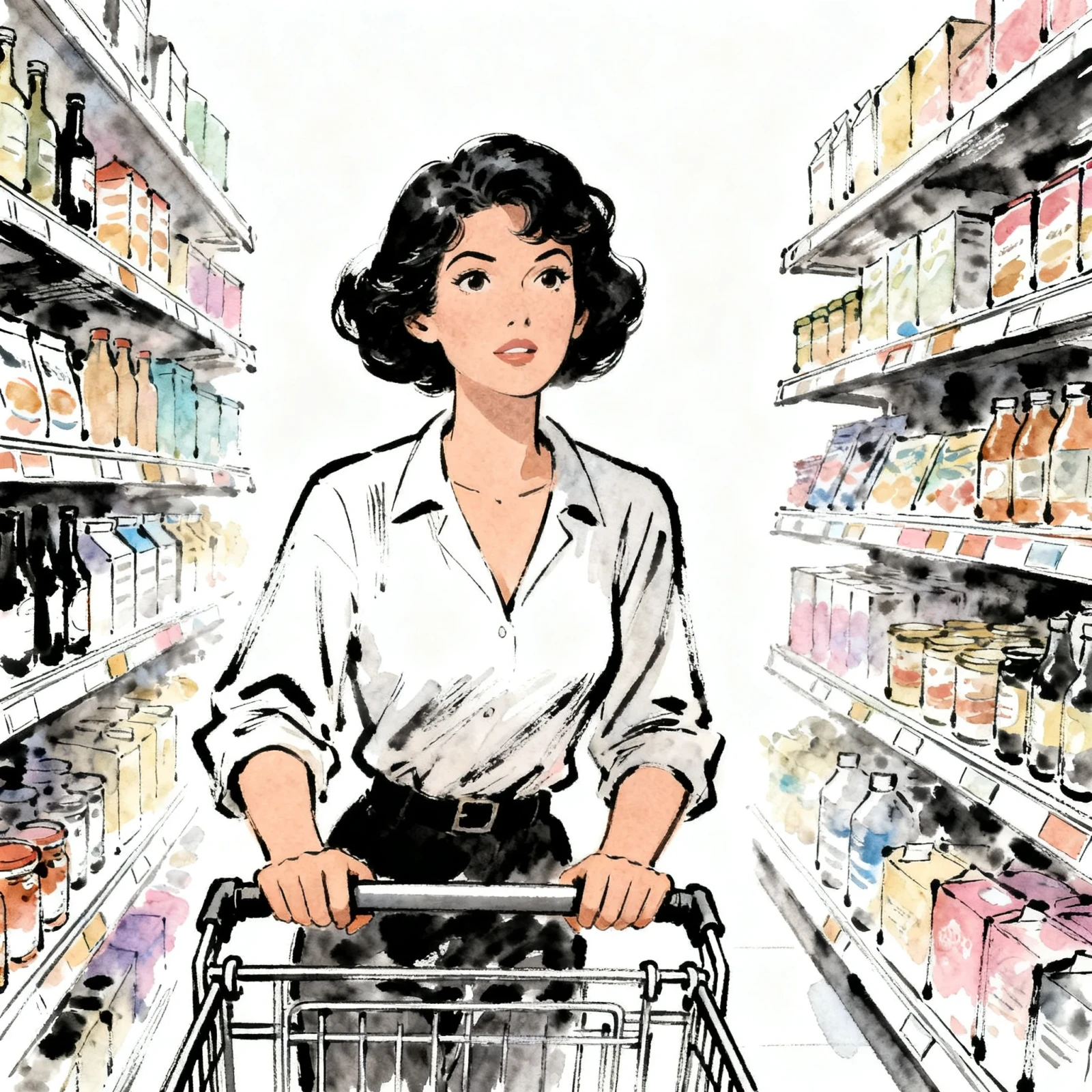 Donna che fa la spesa in un supermercato, con il carrello tra gli scaffali Donna che fa la spesa in un supermercato, con il carrello tra gli scaffali