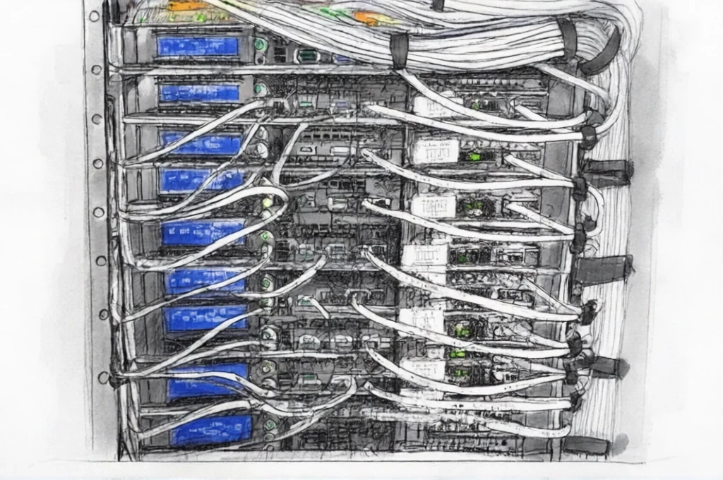 Un armadio server aperto, con i cablaggi in vista