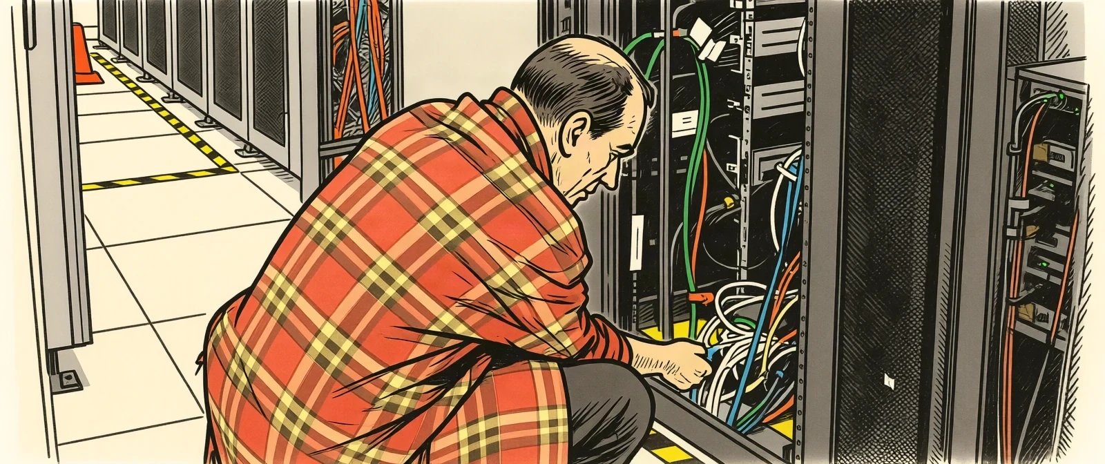 Tecnico in camicia a quadri inginocchiato davanti a un armadio di rete aperto, mentre sistema i cavi in un corridoio di sala server
