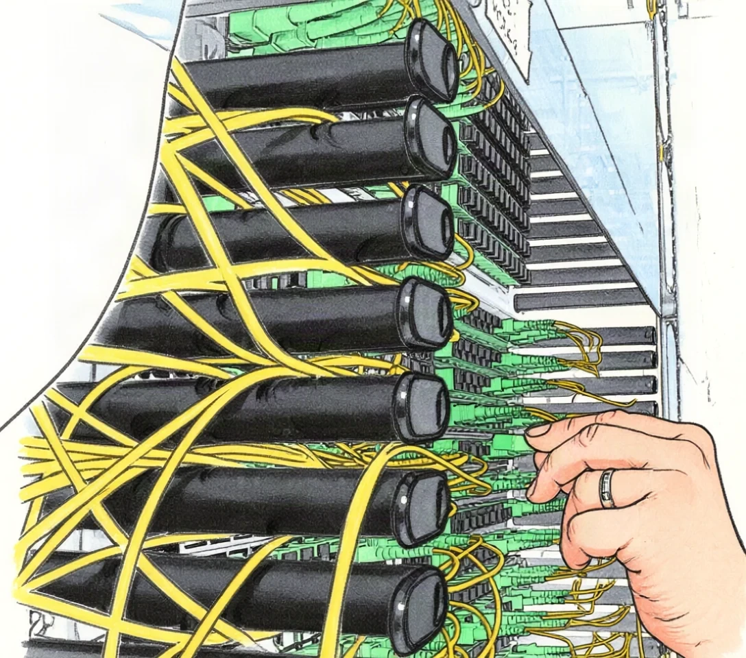 Mano di un tecnico che inserisce un connettore verde in un pannello di rete, tra file di cavi ottici gialli