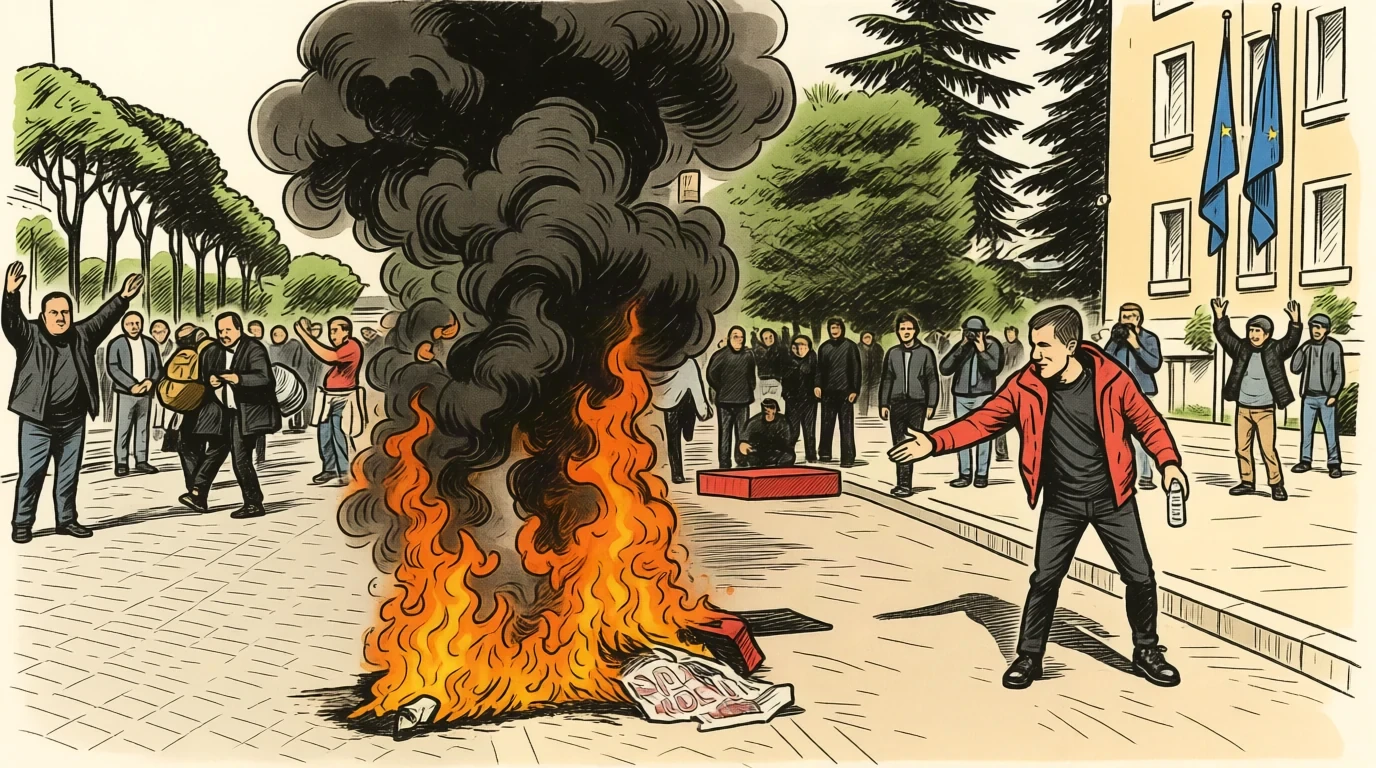 Rogo di protesta davanti a un edificio con bandiera europea, Tirana, ottobre 2026 Rogo di protesta davanti a un edificio con bandiera europea, Tirana, ottobre 2026