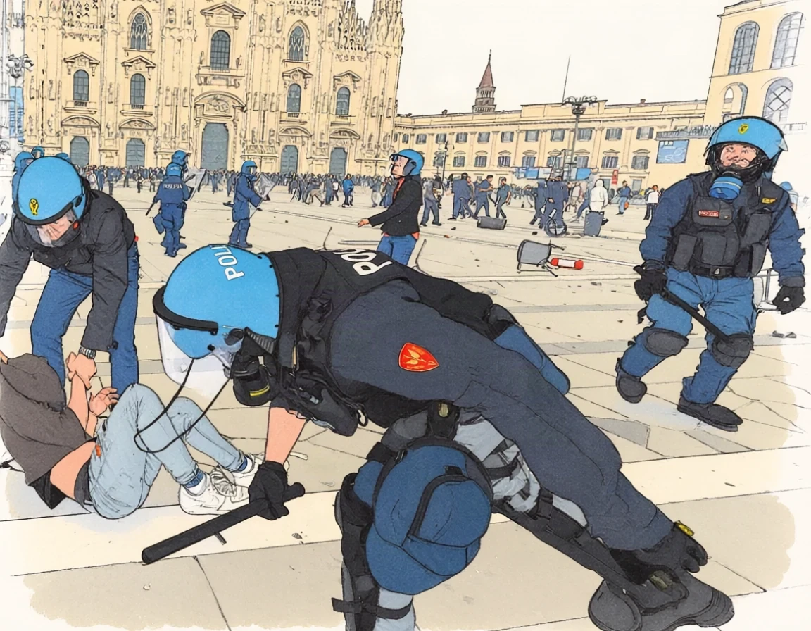 Polizia in tenuta antisommossa durante i disordini a Milano, 17 ottobre 2026 Polizia in tenuta antisommossa durante i disordini a Milano, 17 ottobre 2026