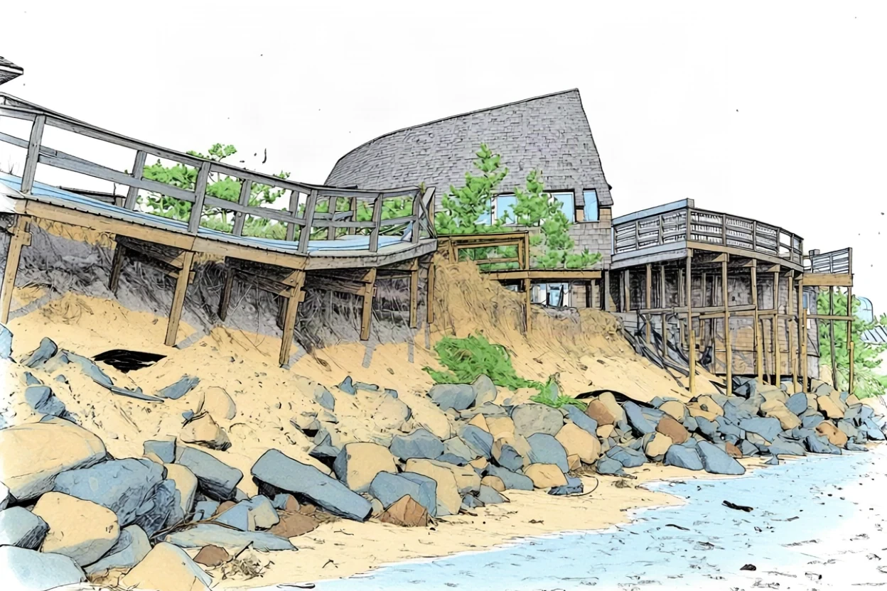 Spiaggia erosa dopo una mareggiata, con la duna crollata e strutture danneggiate Spiaggia erosa dopo una mareggiata, con la duna crollata e strutture danneggiate
