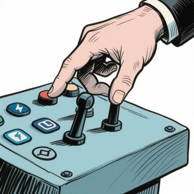 Illustrazione di una mano che aziona leve su un pannello di controllo social, stile Hugo Pratt