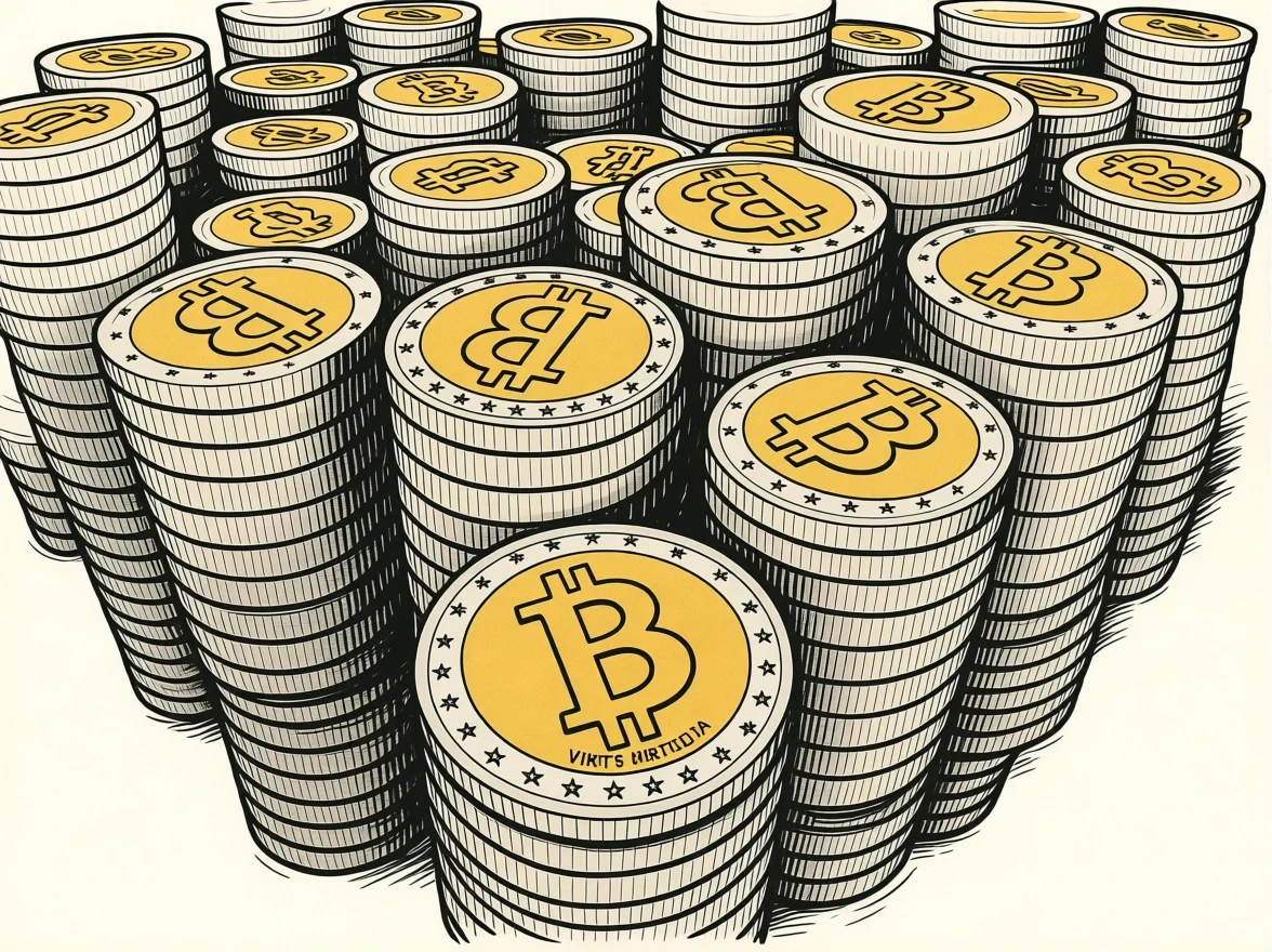 Pile di monete Bitcoin, il simbolo della ricchezza digitale al centro delle promesse ingannevoli delle truffe crypto